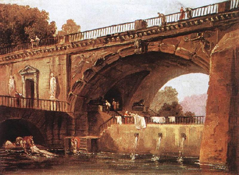 ROBERT, Hubert Washerwomen below a Bridge china oil painting image